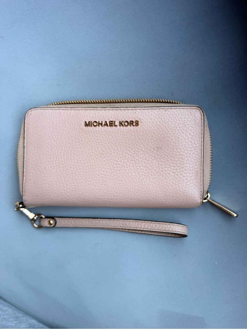 Michael Kors Jet Set Travel Double Zip Leather Wristlet Wallet Blush Pink Gold